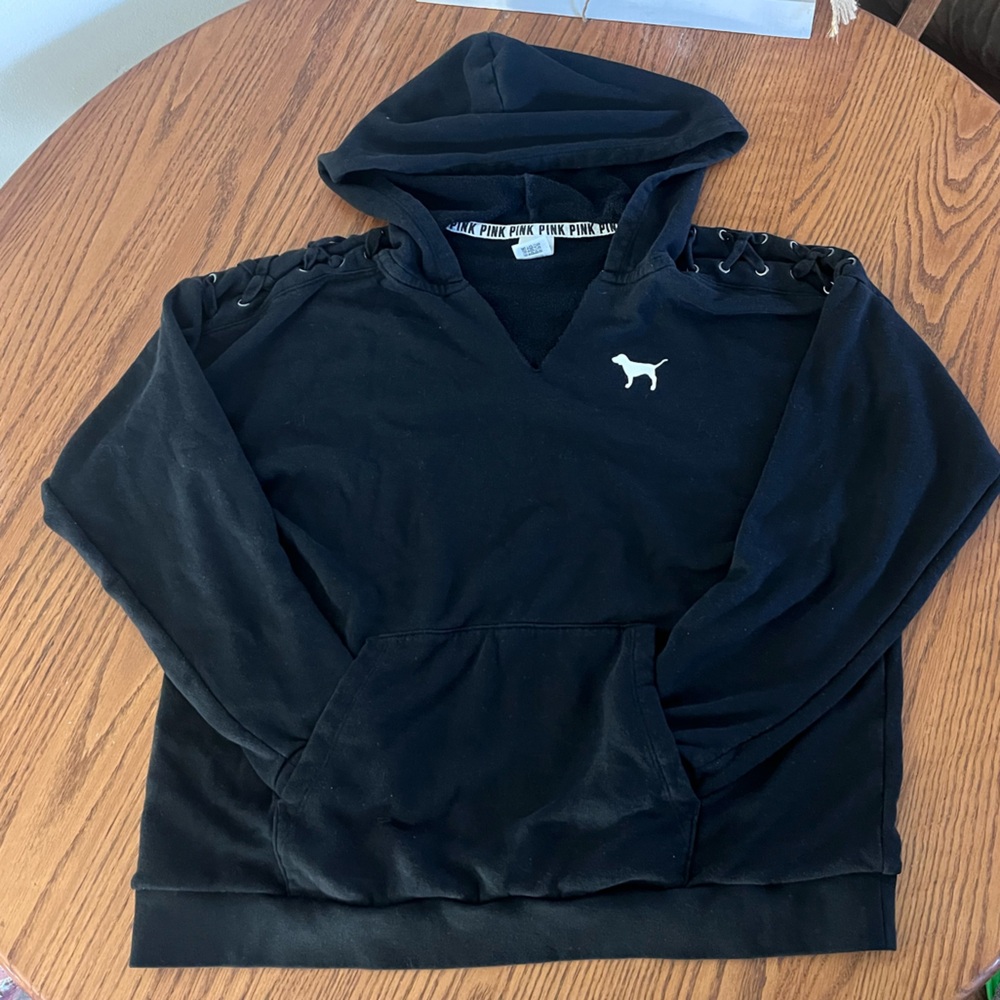 PINK lace up shoulder Black Hoodie with Logo